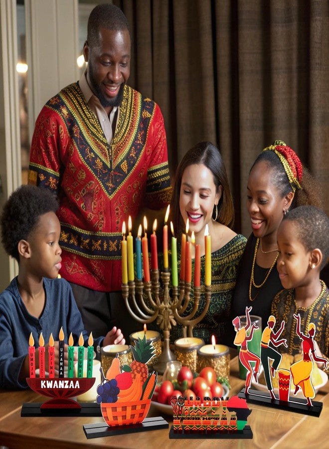 Shknldzsm 4Pcs Happy Kwanzaa Table Centerpiece Wooden Sign Table Topper Kwanzaa Kinara African Drum Fruit Table Signs Decorations for African Heritage Holiday Party Supplies - Image 4